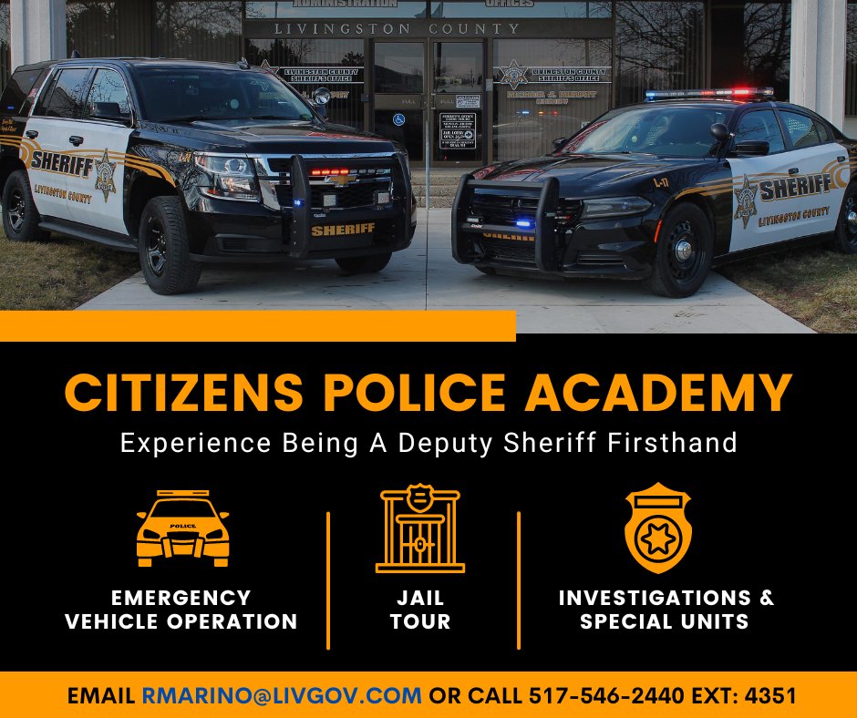 LCSOMI's tweet photo. Time Is Running Out To Join Our Citizens Police Academy! 
Thursday (6-8 p.m.) classes for 15-17 weeks will start in April on 6-8 p.m. Classes will be based on different topics like crime scene &amp; accident investigations, Special Units, a Jail tour &amp; emergency vehicle operations. https://t.co/SdlWdyhyTH