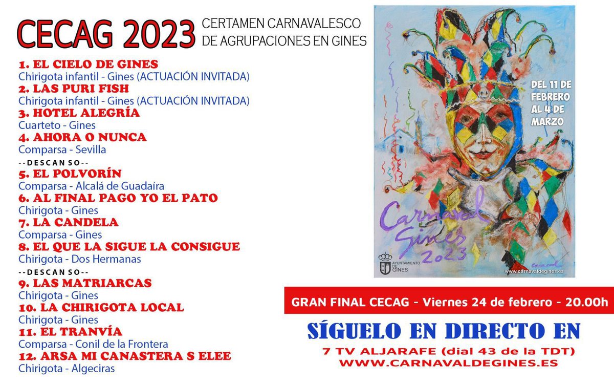 7TVAljarafe's tweet photo. TODO PREPARADO EN EL #TroniFalla
Ya comienza la gran final del #CarnavalDeGines. Disfrútala en DIRECTO en 7TV Aljarafe con una producción de @GinesTV y @AytoGines https://t.co/VqjaQmc2uq