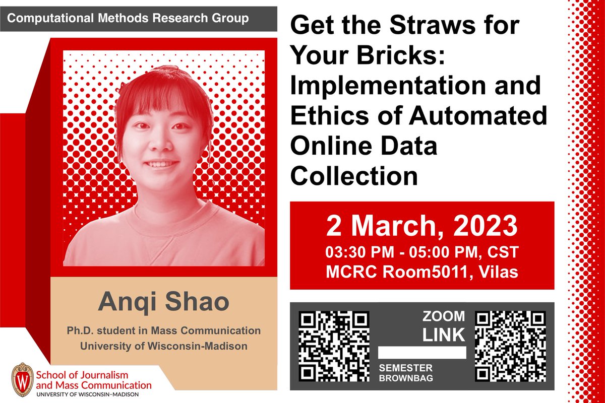 Zening_Duan's tweet image. Join us for #CMRG’s new computational brownbag next Thursday Mar2 3:30-5 pm CST. Our guest speaker Anqi Shao(@anqishao_ ), PhD student from @UW_LSC, will share their expertise introducing techniques for automated data collection &amp;amp; ethical considerations in computational research.