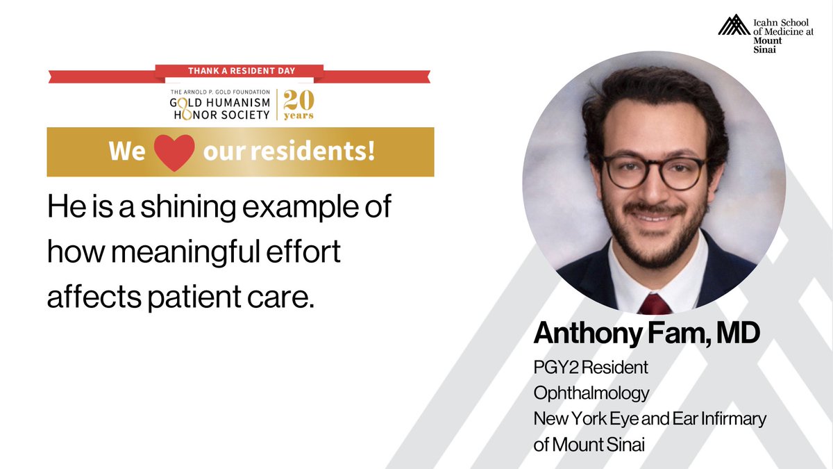 IcahnMountSinai's tweet photo. Dr. Anthony Fam, your dedication to improving eye health and patient care is commendable. Thank you for your hard work and contributions to our community's well-being. We appreciate all that you do! #ThankAResident @GoldFdtn https://t.co/Q5TbTysUS9