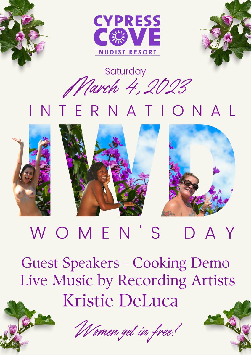 It's International Women's Day at Cypress Cove Nudist Resort next Saturday. Women get in free all day!

#internationalwomensday #bodyacceptance
