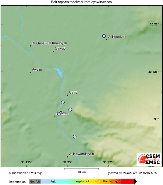 LastQuake's tweet photo. Eyewitnesses reported shaking in #Egypt 3 min ago (local time 21:15:47)⚠
At present, we have no seismic data confirming this crowdsourced detection.❗
 More info soon! https://t.co/EVVTXigZeA