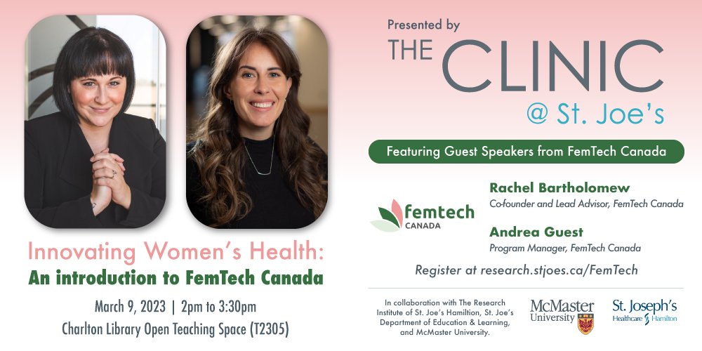 Register now!! Join us on March 9th for a @femtechcanada event presented by The CLINIC @STJOESHAMILTON with @RMBartholomew & @dre_guest to discuss the importance of Women’s Health Research! All are welcome! Register at research.stjoes.ca/FemTech
