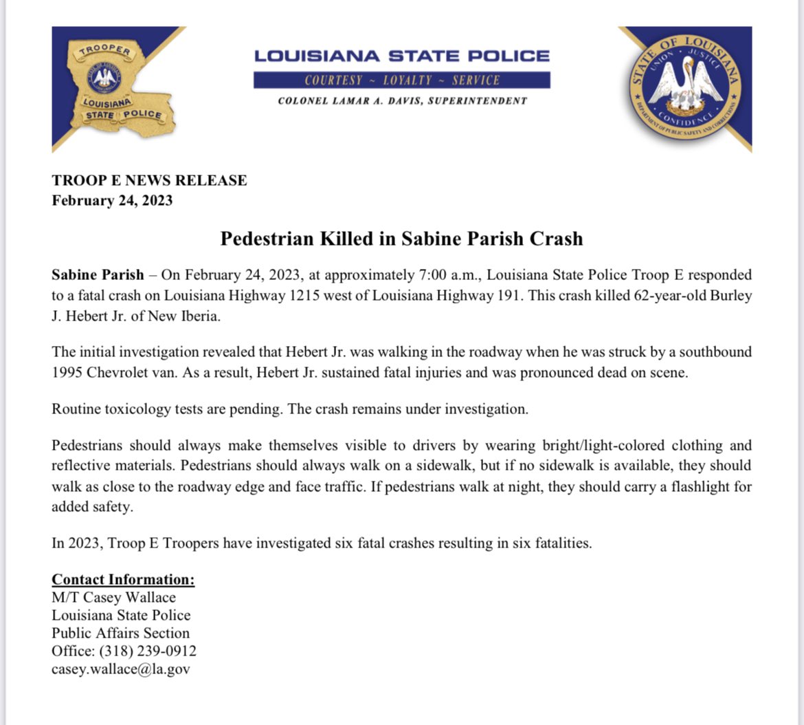 LA State Police on Twitter "Pedestrian Killed in Sabine Parish Crash"