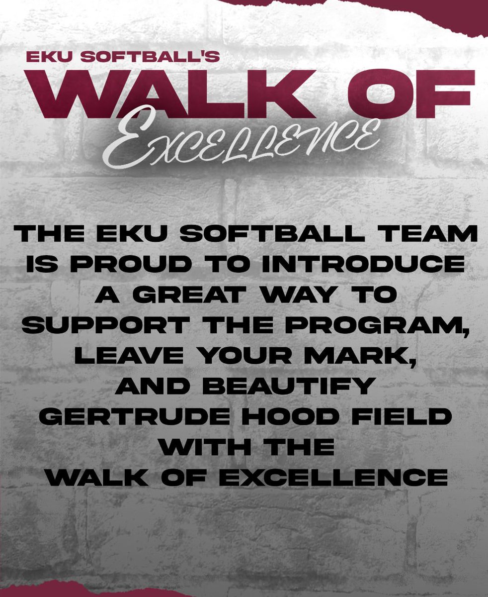 Colonel Club (@ekucolonelclub) on Twitter photo Be a part of <a href="/EKU_Softball/">EKU Softball</a> Walk of Excellence today‼️
The Walk of Excellence is a great way to support the program, leave your mark and to beautify Gertrude Hood Field
Learn more today about the Walk of Excellence by going to bit.ly/EKUWOE
#GoBigE Be a part of <a href="/EKU_Softball/">EKU Softball</a> Walk of Excellence today‼️
The Walk of Excellence is a great way to support the program, leave your mark and to beautify Gertrude Hood Field
Learn more today about the Walk of Excellence by going to bit.ly/EKUWOE
#GoBigE