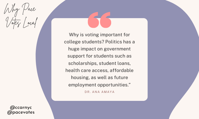 CCARNYC's tweet photo. Today we're launching our "Why #PaceVotes Local" campaign to share why #PaceU students and faculty are getting ready to vote in NY's June Primaries!  

First up is @AnaAmaya on the importance of voting for college students! 

Learn more about elections at https://t.co/jlULaJPB24 https://t.co/3wj4KAFzcT