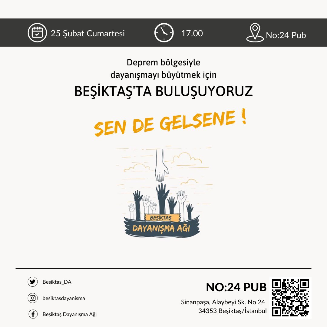 Beşiktaş'ta Buluşuyoruz!

Deprem bölgesi için dayanışmayı büyütelim. Sen de dilersen çalışmalara ortak olabilir, dayanışmanın sürekliliğine katkıda bulunabilirsin. 

25 Şubat Cumartesi saat 17:00 No: 24 Pub

#Deprem