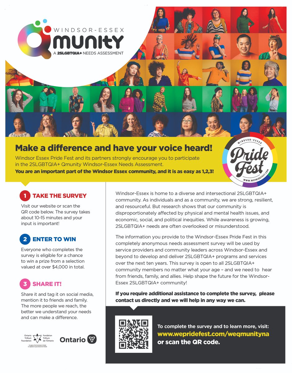 Calling all 2SLGBTQIA+ allies! 
TAKE THE SURVEY &amp; SPREAD THE WORD of the Qmunity Windsor-Essex Needs Assessment!

Your voice can help shape the future for our 2SLGBTQIA+ community! 100% anonymous and chance to win prizes!
#wepridefest #weqmunityna
wepridefest.com/weqmunityna