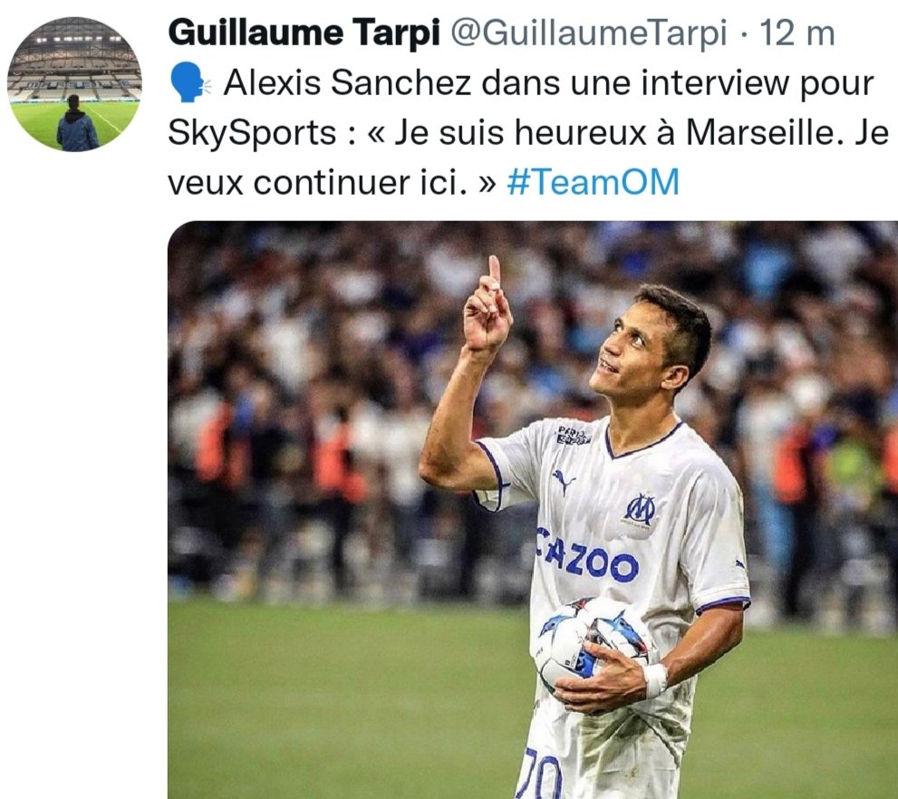 FootFrancki's tweet photo. OM ☑️ Déclaration Alexis Sanchez
" Je suis heureux à Marseille. Je veux continuer ici. " 💙🤍
@OM_Officiel @GuillaumeTarpi #TeamOM #OMPSG #OM #Ligue1UberEats #SanchezOM https://t.co/bUCJZBoY5E