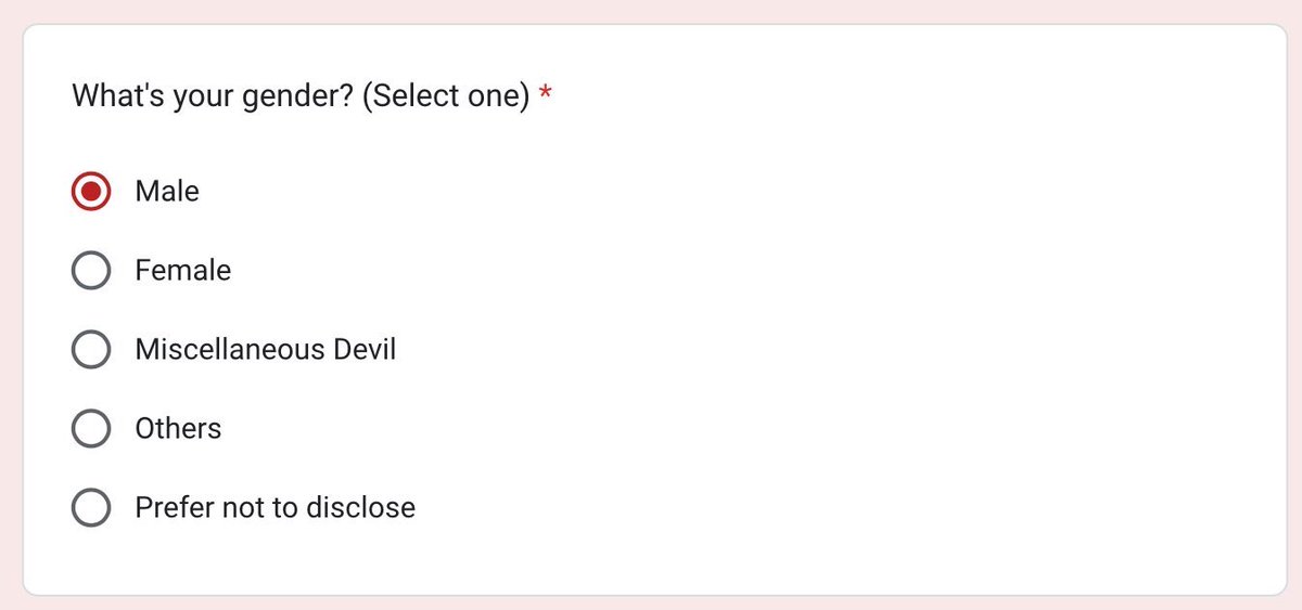 crazyassdmc's tweet photo. 2/24/2023

The official account for Peak of Combat releases a survey with a question relating to players' gender, under which one of the listed options is "Miscellaneous Devil". https://t.co/Iyqu5equow