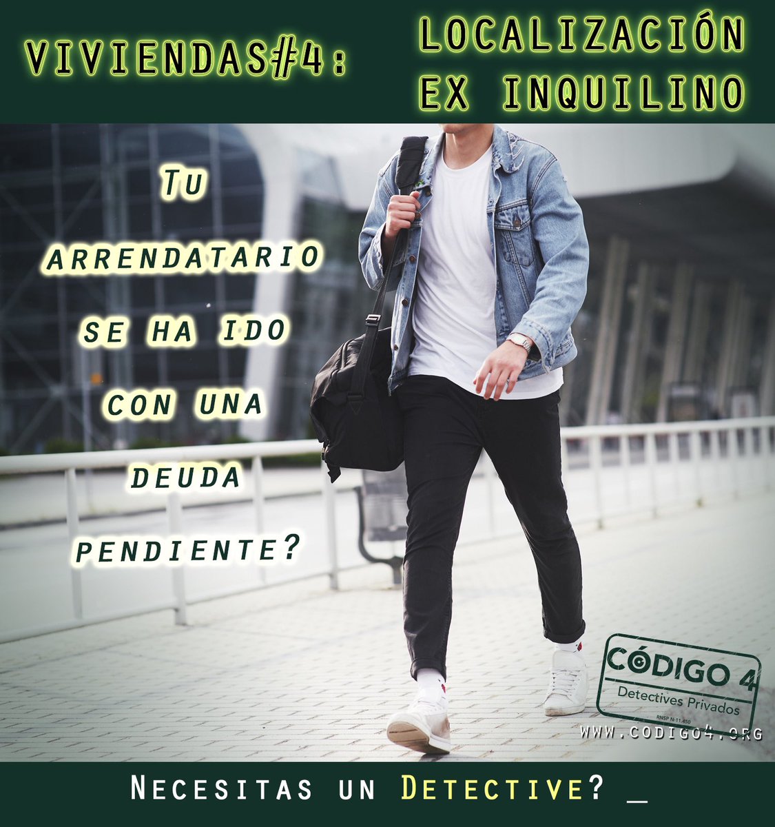 El arrendatario se ha ido sin pagar unas mensualidades? Tiene deuda que supera la cantidad depositada como fianza? No contesta ni al teléfono ni a los whatsapp ni a los mails?
￼info@codigo4.org
#arrendatarios #inquilinos #arrendamiento #Investigación #detectives #deudas #Codigo4