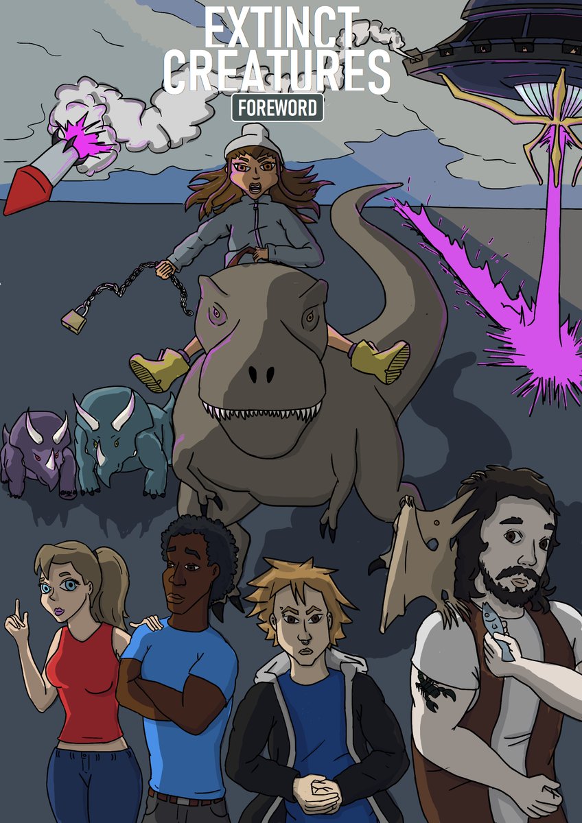 warcreatures's tweet photo. I wanted to make a cover with the main characters of Extinct Creatures: Foreword and this madness came out. Do you identify with any character? Say which one in the comments. #extinctcreatures #foreword #dinosaurcomics #comicdinosaurios https://t.co/As8beLrHVw