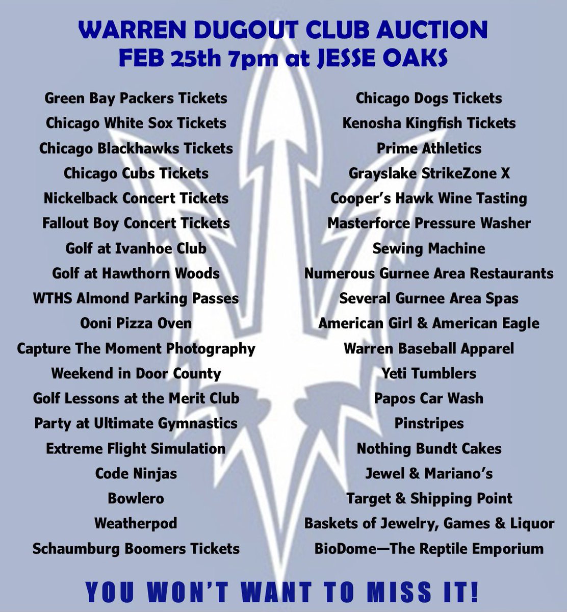 PLEASE JOIN US FOR OUR BIG FUNDRAISING EVENT TOMORROW NIGHT AT JESSE OAKS!
Some incredible items to bid on plus 50/50 raffle!  Details below: