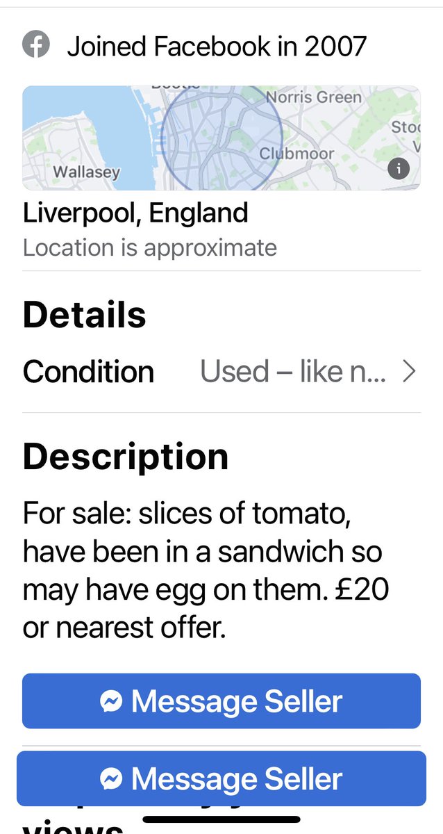Just spotted on Facebook Marketplace:
“For sale: slices of tomato, have been in a sandwich so may have egg on them. £20 or nearest offer.” 🤣🤣🤣
