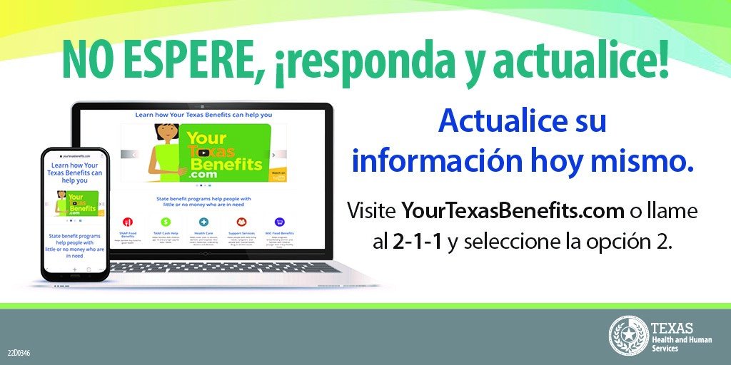 CHC_TX's tweet photo. Beneficiario de Medicaid de Texas: Cree una cuenta de Your Texas Benefits para tener mejor y más rápido acceso a la información de su cuenta. Visite https://t.co/Vec5zySfd3. https://t.co/u6cXprhipH