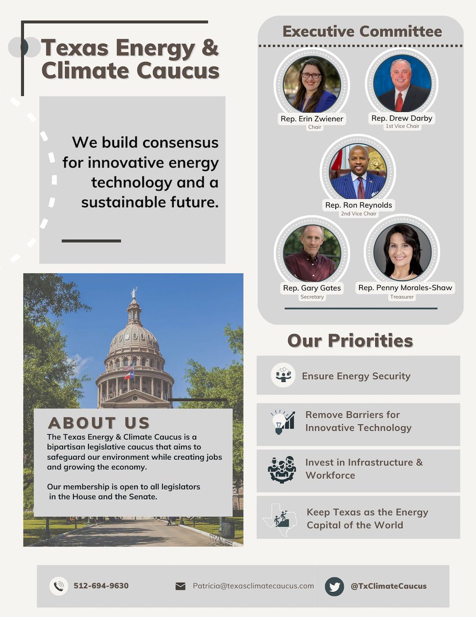 TXClimateCaucus's tweet photo. Congratulations to our new Executive Committee leaders!  #Txlege #Txenergy
@ErinforYall 
@DrewDarbyTX 
@ronereynolds 
@GatesforTexas 
@RepPennyMShaw https://t.co/iquUN0NN9z