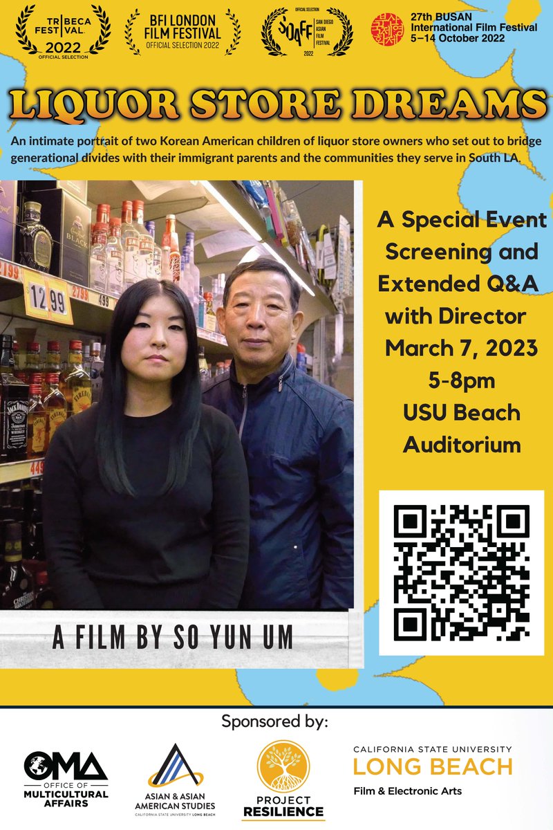 Join us on March 7th for a special screening of @LiquorDreamsMov followed by a Q&A with Director and CSULB Alum, So Yun Um! Thanks to our partners at @CSULB_OMA, #Csulb Asian & Asian American Studies, and Project Resilience, for help making this possible! #CsulbFEA #Freescreening