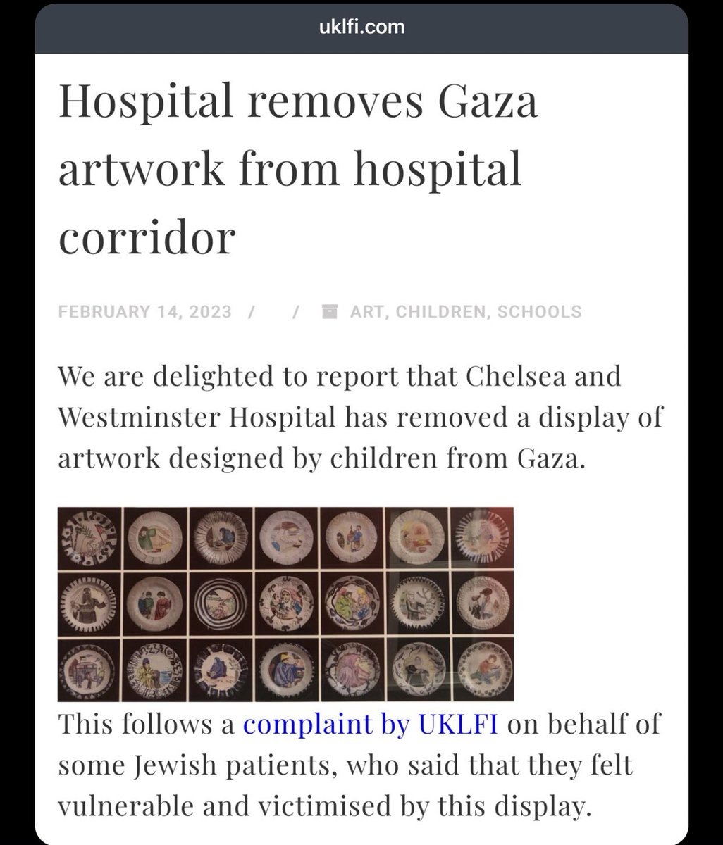 Hey <a href="/ChelwestFT/">Chelsea and Westminster Hospital</a>, extremely disappointed to know that you bowed to pressure by racists representing the interests of apartheid (‘UK Lawyers for Israel’). They seem pretty smug about it too. 

The complete and utter dehumanisation of Palestinians never ceases.