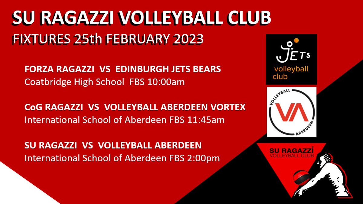 🏐💥3 big games for the Su Ragazzi Club tomorrow. 
🔴⚫️ Forza play <a href="/jetsvc/">Jets Volleyball Club</a>  at Coatbridge High School.
🔴⚫️ CoG Ragazzi and Su Ragazzi women are both heading north to compete for the second time this season against <a href="/VolleyballAber1/">Volleyball Aberdeen</a>.
Look out for LIVESTREAMS!