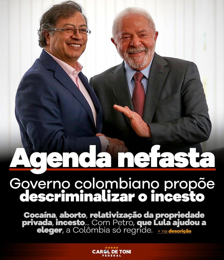 CarolDeToni's tweet photo. "A sua vitória fortalece a democracia e as forças progressistas na América Latina" disse Lula ao comemorar a vitória de Petro. Ora, ora... Conhecemos a agenda nefasta e disfarçada entre frases bonitas dessa gente.

⤵️ https://t.co/TyPhM9FbXo