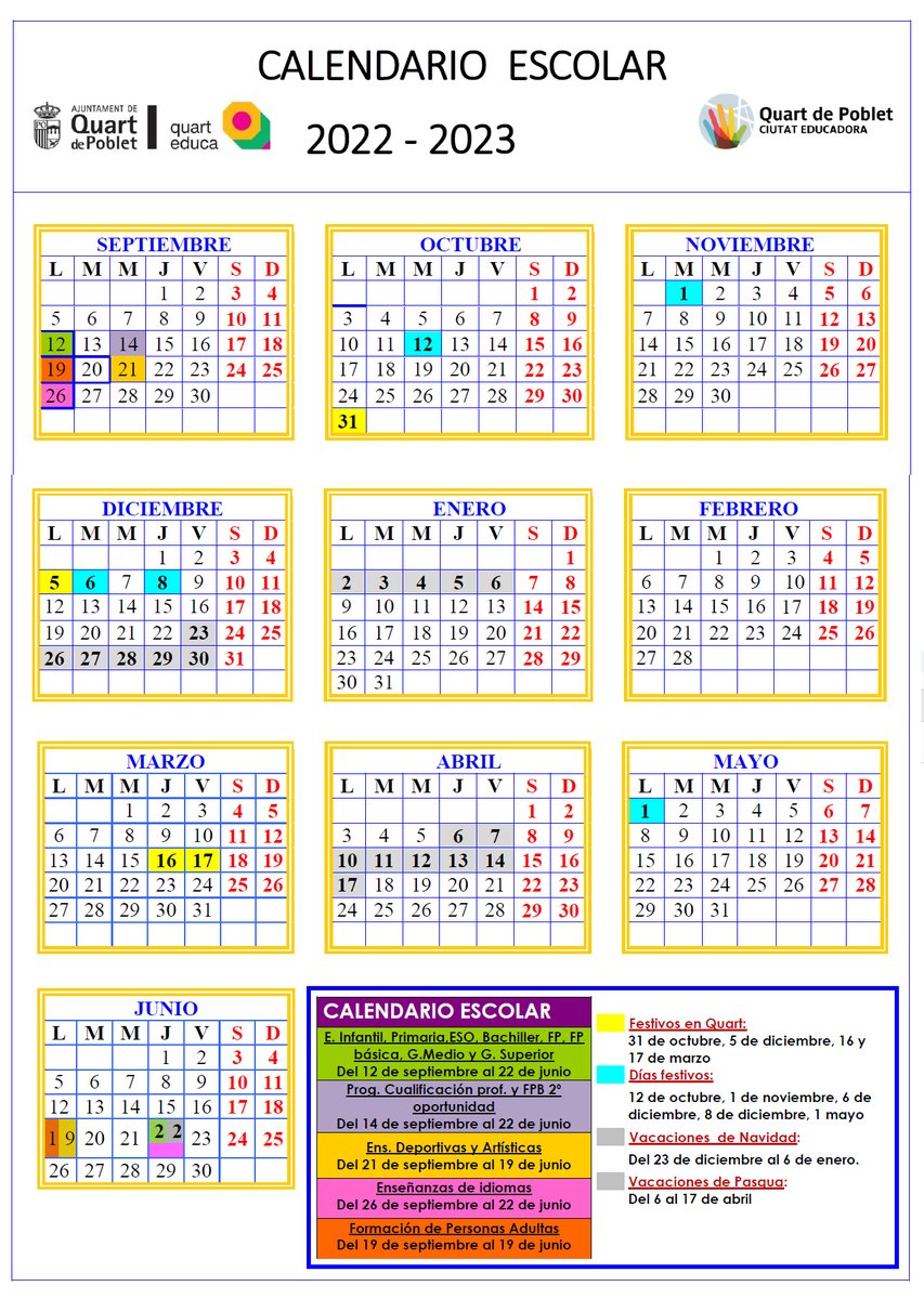 👉Ja tenim Calendari escolar definitiu 🗓 per al que resta de curs escolar 2022-2023.
✅La principal novetat és que el dijous 16 de març passa a ser festiu i, per tant, no hi haurà classes.

#QuartdePoblet #quarteduca <a href="/quartdepoblet/">Quart de Poblet</a> <a href="/quartjove/">Quart Jove</a>