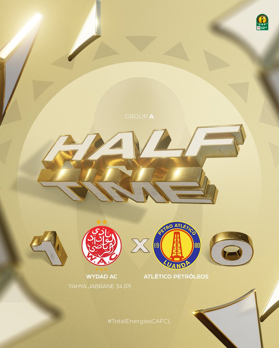 CAFCLCC_ar's tweet photo. ⏱️ نهاية الشوط الأول!

🇲🇦 الوداد 1-0 بترو أتليتيكو 🇦🇴

الفريق المغربي ينهي النصف الأول من اللقاء متقدمًا بفضل هدف يحيى جبران. 💥

#TotalEnergiesCAFCL | #WACAPL https://t.co/cwCOWosdOe