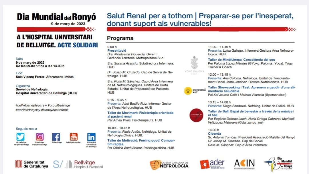 Inaugurem el compte oficial del Servei de Nefrologia de <a href="/hbellvitge/">Hospital Universitari Bellvitge | HUB</a> amb l'ocasió del Dia Mundial del Ronyó. Hem preparat una jornada dedicada a millorar la salut dels nostres pacients. 
#bellvitgenephrocrew #orgullbellvitge 
#WorldKidneyDay
Aquí teniu el programa⬇️⬇️