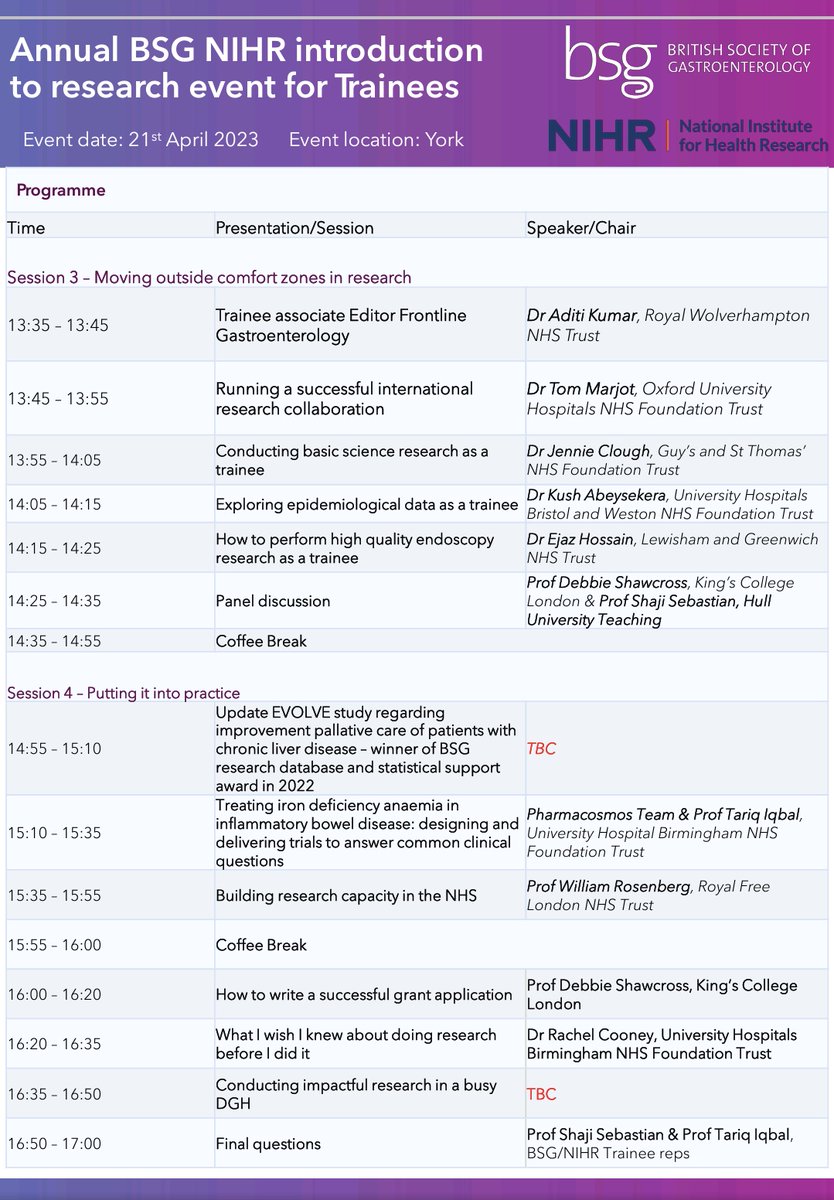 Aamir Saifuddin (@aamirs28) on Twitter photo Excited to share our joint <a href="/ResearchBsg/">BSG Research</a> / <a href="/NIHRresearch/">National Institute for Health and Care Research</a> Introduction to Research event for all #Gastro trainees 🕵🏼🧑🏾🔬🧑🏻⚕️🧑🏿💻! 21/4/23 in York. Programme below! Huge variety of speakers/topics + invaluable advice. 8️⃣ weeks to go! Sign up early, limited spaces! bit.ly/3lqWvpL Excited to share our joint <a href="/ResearchBsg/">BSG Research</a> / <a href="/NIHRresearch/">National Institute for Health and Care Research</a> Introduction to Research event for all #Gastro trainees 🕵🏼🧑🏾🔬🧑🏻⚕️🧑🏿💻! 21/4/23 in York. Programme below! Huge variety of speakers/topics + invaluable advice. 8️⃣ weeks to go! Sign up early, limited spaces! bit.ly/3lqWvpL