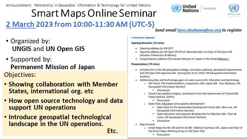 UNopenGIS's tweet photo. UN Open GIS, together with UN Geospatial Information Section, organizes “Smart Maps Online Seminar” on 2 March 2023 from 10:00AM to 11:30AM (EST, UTC-5). We welcome your participation! https://t.co/vm8uvrrYaT https://t.co/BOx7XyJ1w9 https://t.co/QRZxNXu9Vn
