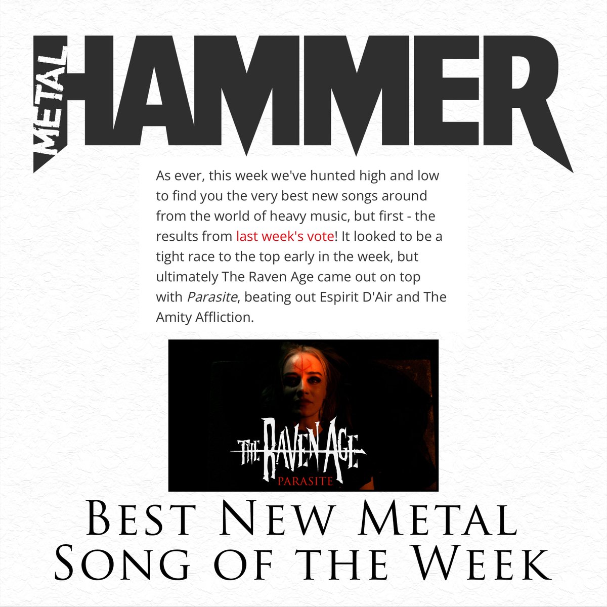 The Raven Age (@theravenage) on Twitter photo We did it! 🥇 Thanks to everyone that voted, our latest single ‘Parasite’ is the official <a href="/MetalHammer/">Metal Hammer</a> best new metal song of the week! 🏆 🍾
#TRA #theravenage #parasite #bloodomen #metalhammer #bestnewmetalsongoftheweek #thankyou #songoftheweek #metal #rock #number1 We did it! 🥇 Thanks to everyone that voted, our latest single ‘Parasite’ is the official <a href="/MetalHammer/">Metal Hammer</a> best new metal song of the week! 🏆 🍾
#TRA #theravenage #parasite #bloodomen #metalhammer #bestnewmetalsongoftheweek #thankyou #songoftheweek #metal #rock #number1