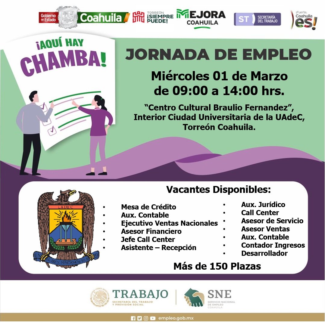 sneregionlaguna's tweet photo. #AquíHayChamba próxima semana 👇 #JornadasDeEmpleo #Torreón #Coahuila 

Revisa la Dirección 👇

✅Acude con solicitud o currículum
✅Curp

Te esperamos!

#FuerteCoahuilaEs
#SNEparaTodos https://t.co/x39eg9XlbV