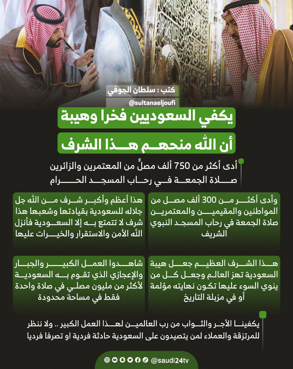 sport24_tv's tweet photo. يكفي السعوديين فخرا وهيبة ان الله منحهم هذا الشرف…
#خادم_الحرمين_الشريفين⁩ ⁧#ولي_العهد⁩ الأمير #محمد_بن_سلمان 
#السعودية
كتب : @sultanaeljoufi https://t.co/HtvRxLjeaV