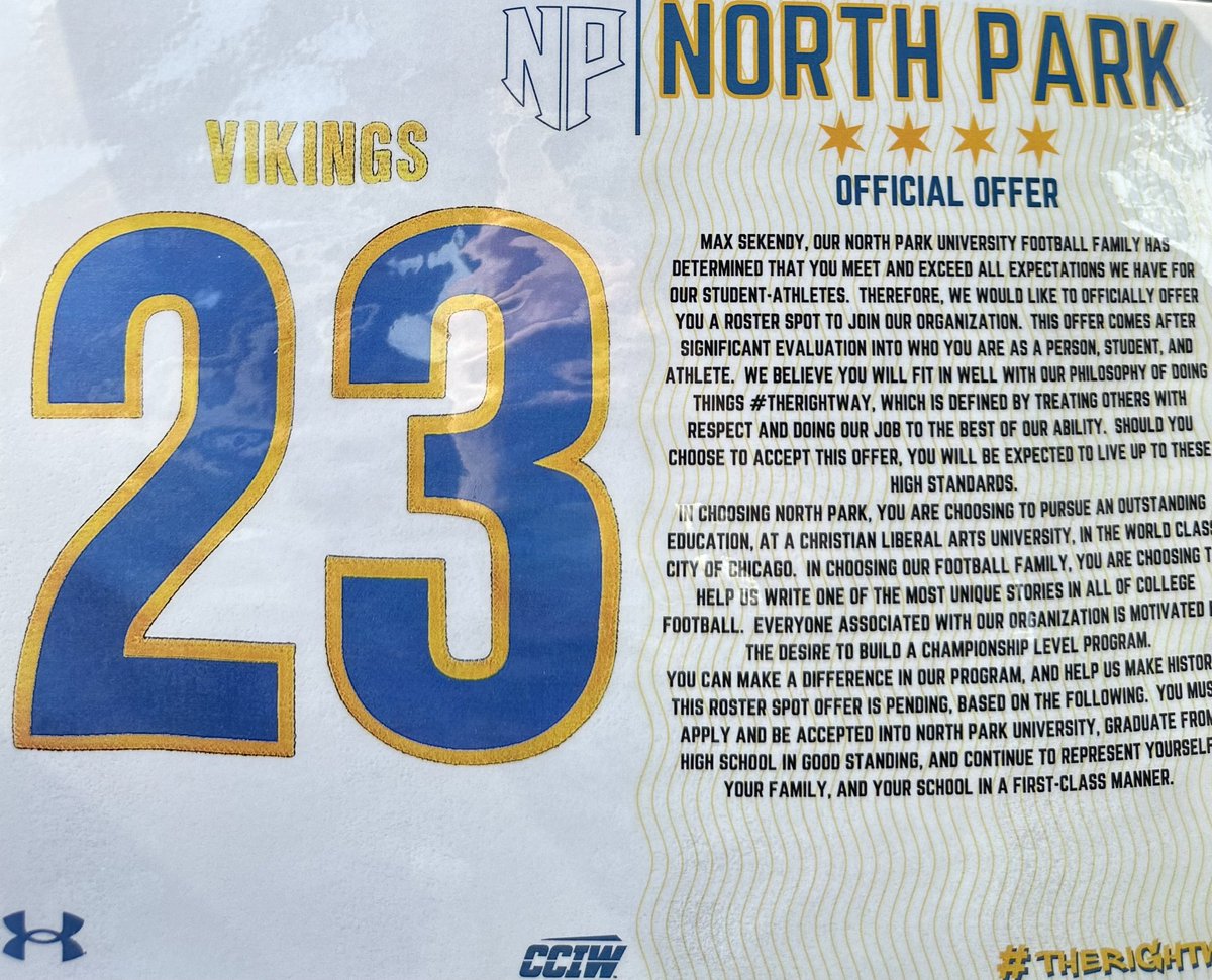 I’m blessed to receive a offer from North Park University!!🔵⚫️I want to thank <a href="/CoachRook/">Kyle Rooker</a> and the staff for the great visit and the opportunity!! <a href="/NPUFootball/">North Park Football</a>