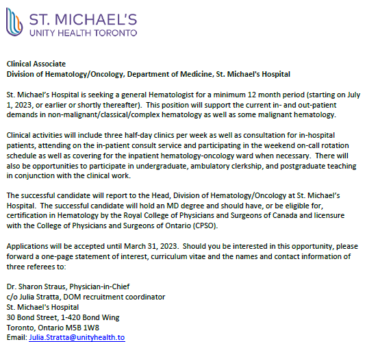 We are looking for 2 hematologists to join our amazing team <a href="/UnityHealthTO/">Unity Health Toronto</a>!! 

Full-time (benign heme) OR clinical associate

Please spread widely

A few of your potential amazing colleagues below!! Missing <a href="/stephglancylee/">Stephanie Lee</a>, Dory Abosh, Dale Dotten

<a href="/sholzberg/">Michelle Sholzberg</a> <a href="/ThrombosisCan/">Thrombosis Canada</a>