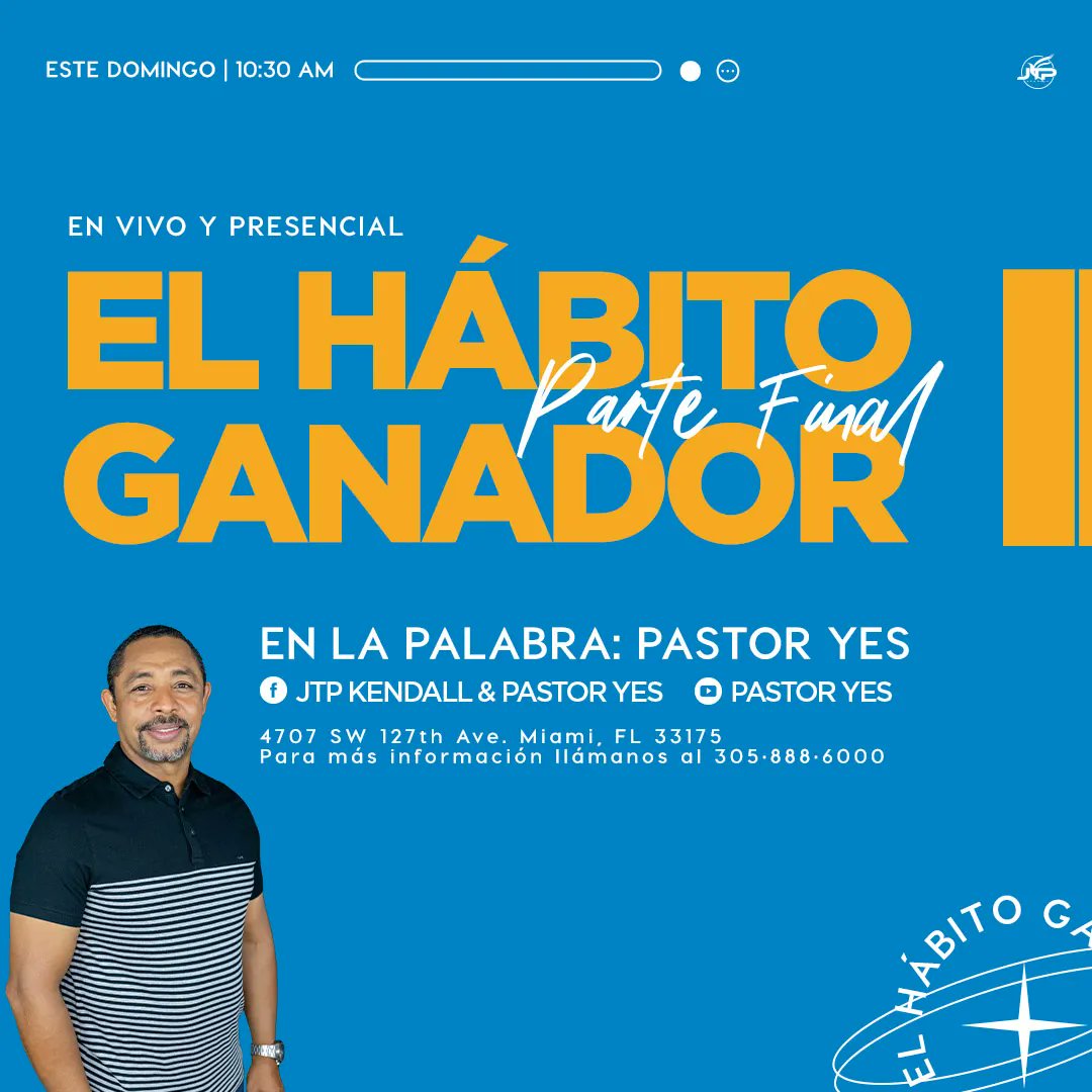 Te animamo a que nos visites este domingo en #JTPKendall 🤩 

Estare finalizando el tema: EL HÁBITO GANADOR 🙌🏻 y compartire un mensaje poderoso que edificará tu vida basado en mi mas reciente lanzamiento el cual puedes adquirir a traves de buff.ly/3WGbEAo ⬅️