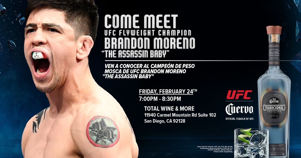 #SanDiego fans!
Join us at our #CarmelMountain store today (2/24) from 7-8:30PM for a chance to meet @ufc fighter, #BrandonMoreno! He'll be at our store during this time signing bottles of @JoseCuervo Tequila, which you can purchase and take home with you!