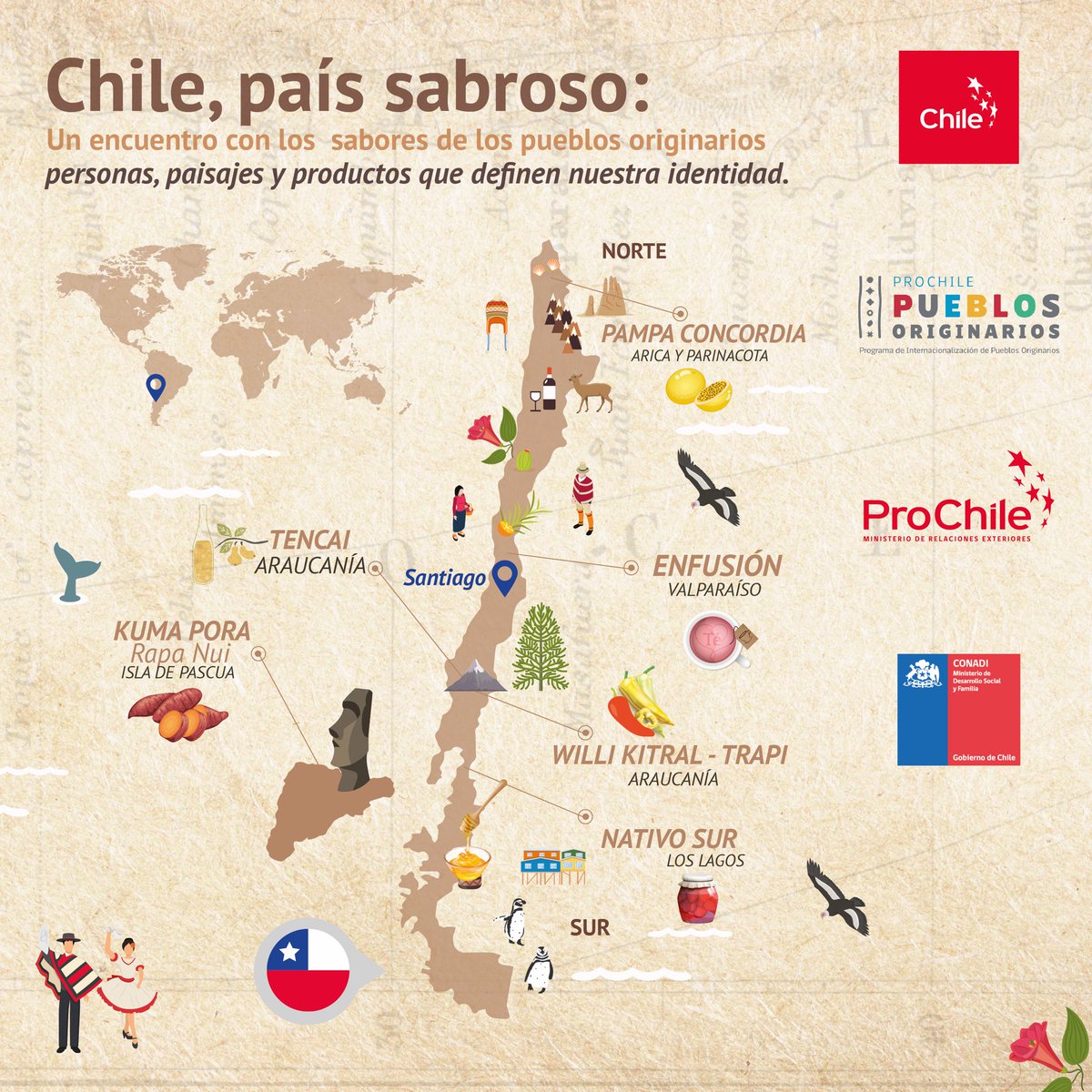 6 productos indígenas. Sabor e identidad. Sangría de maracuyá de desierto, infusiones con hierbas nativas, camotes de Isla de Pascua, salsas de ají merkén y sidras de manzana de La Araucanía, murta y maqui de Los Lagos. Diaguitas, Aymaras, Rapanui, Mapuches y Huilliches  ❤️🇨🇱