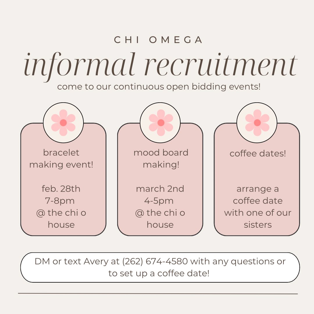Chi Omega is still offering informal recruitment!!🌷✨ Come to any of our cob events this next week or set up a coffee date with one of our sisters!! Feel free to DM us or text Avery with any questions or concerns! We can’t wait to meet you all🫶💕