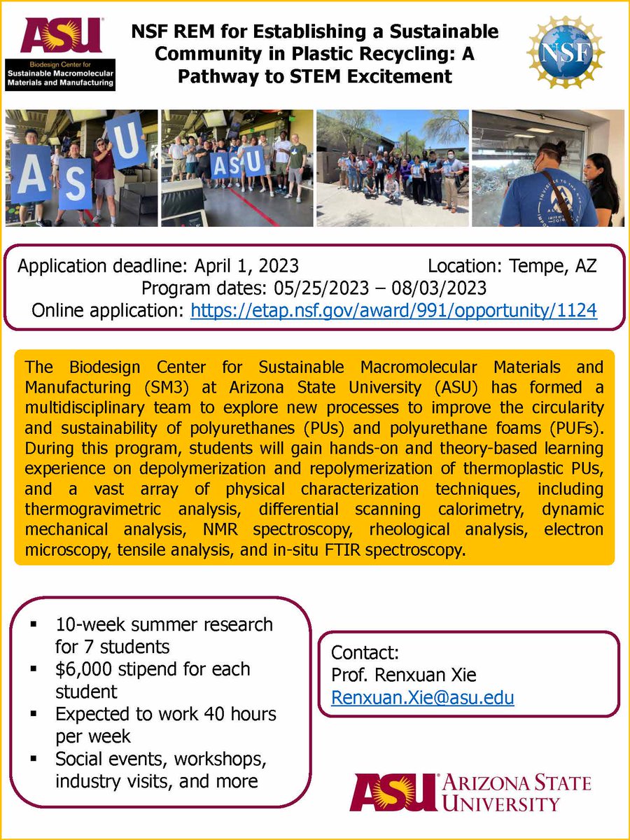 Center for Sustainable Macromolecular Materials (@sm3asu) on Twitter photo Applications are now open for <a href="/SM3ASU/">Center for Sustainable Macromolecular Materials</a> Research Experience & Mentoring (REM) Program. Qualified undergraduate students are invited to apply for this summer research experience sponsored by <a href="/NSF/">U.S. National Science Foundation</a>. For more information and applications, please visit: etap.nsf.gov/award/991/oppo… Applications are now open for <a href="/SM3ASU/">Center for Sustainable Macromolecular Materials</a> Research Experience & Mentoring (REM) Program. Qualified undergraduate students are invited to apply for this summer research experience sponsored by <a href="/NSF/">U.S. National Science Foundation</a>. For more information and applications, please visit: etap.nsf.gov/award/991/oppo…