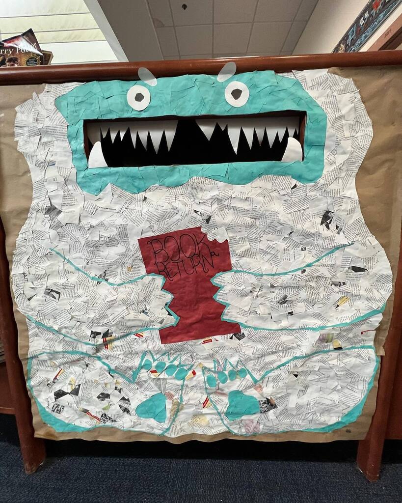 Our book monster is finally complete! Using pages from weeded books, our 8th grade library assistants crafter a monstrous masterpiece!