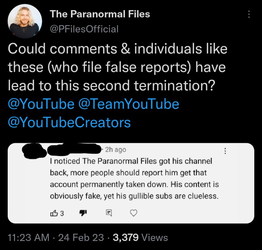 _dehumidifuk_'s tweet image. #JusticeForParanormalFiles
@YouTubeCreators @YouTube The Paranormal Files is down again and yall need to do something about it. It was just reinstated. This may likely be false mass reporting as seen in Colins tweet (image) and its really unfair to keep taking the channel down!!