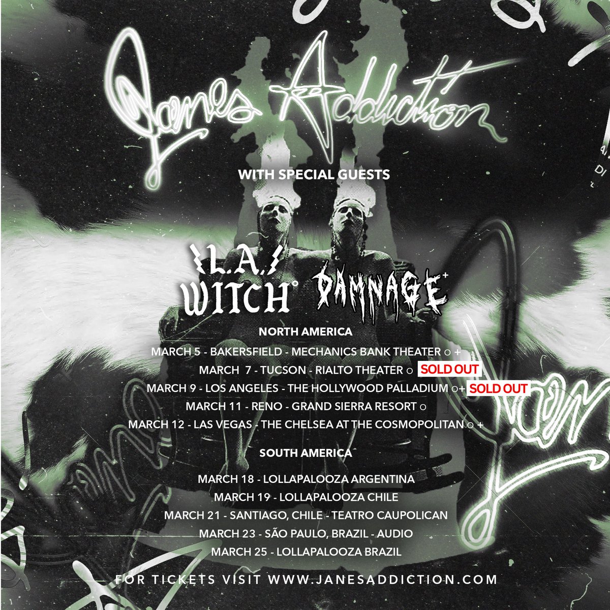 janesaddiction's tweet photo. We are very excited to announce that @LA_WITCH and #DAMNAGE will be joining us on our North American Tour.
There are a limited number of tickets remaining so get your tickets soon. See you next Sunday!
Tickets : https://t.co/u6sPFElCKB https://t.co/WriWRo7JMm