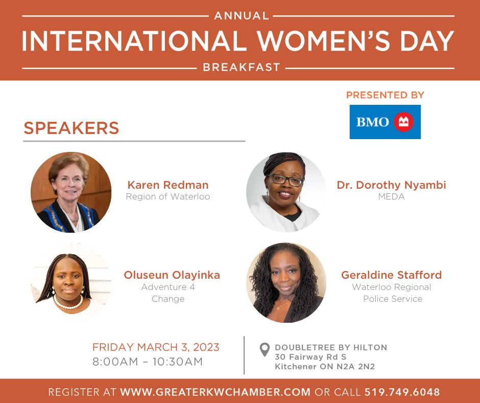 Karen Redman (@redman4region) on Twitter photo Looking forward to next week's annual #InternationalWomensDay breakfast with <a href="/DrDNyambi/">Dorothy Nyambi</a>, Oluseun Olayinka and <a href="/LegalGeraldine/">Geraldine L Stafford</a>.
Thanks to <a href="/GKWCC/">Greater KW Chamber</a> & <a href="/BMO/">BMO</a> for making this event possible.
#IWD2023 Looking forward to next week's annual #InternationalWomensDay breakfast with <a href="/DrDNyambi/">Dorothy Nyambi</a>, Oluseun Olayinka and <a href="/LegalGeraldine/">Geraldine L Stafford</a>.
Thanks to <a href="/GKWCC/">Greater KW Chamber</a> & <a href="/BMO/">BMO</a> for making this event possible.
#IWD2023