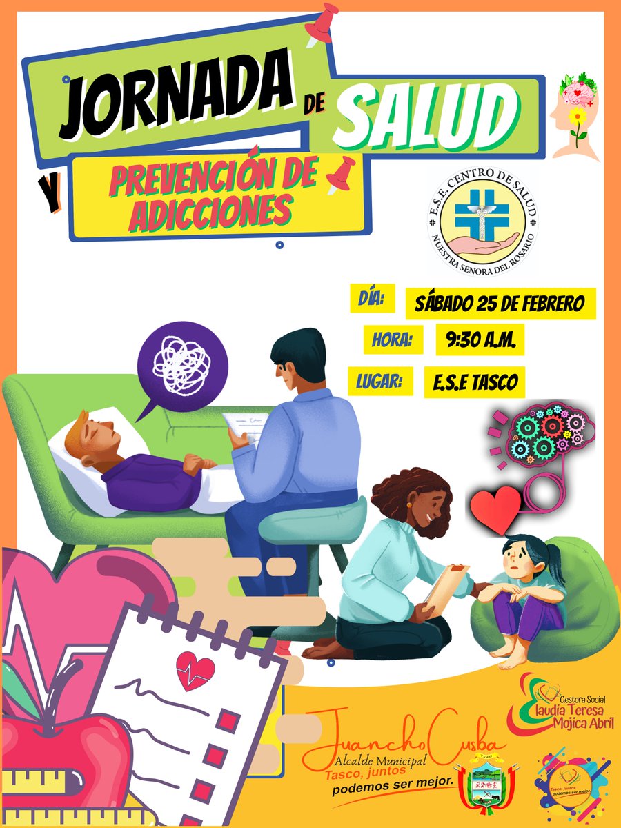 BoyacaTasco's tweet photo. Jornada de atención en salud 👨‍⚕️🏥 mental, que se desarrollará el día sábado 25 de febrero de 2022, en el Centro de Salud de Tasco, incluye actividades de👨‍⚕️ consulta médica por 🤓 psicología, trabajo social 🤝además de actividades de promoción de la salud mental y prevención 🇭🇺🤗 https://t.co/kZBdw8Nqn3