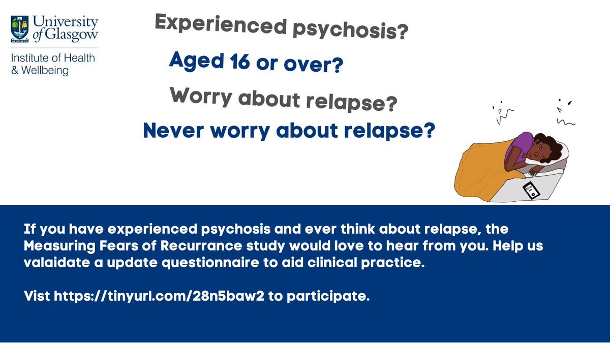 If you have experieneced Psychosis and ever worry or think about relapse we would love to hear from you. We’re revising the Fear of Recurrence Scale visit tinyurl.com/28n5baw2 to participate. Better measurement - better therapies. Plz RT