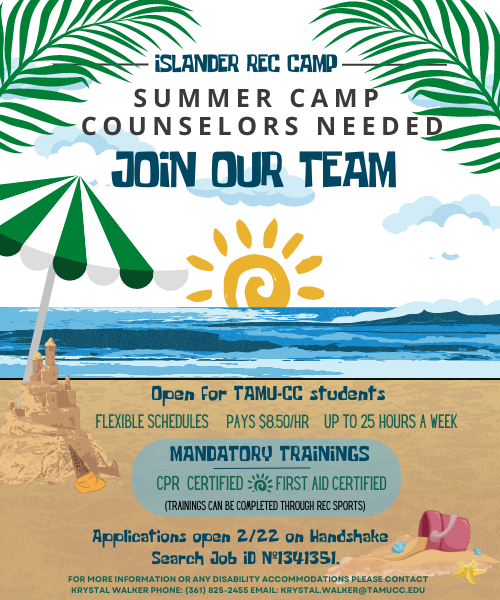 IslanderRec's tweet photo. Rec sports is looking for fun, energetic Islanders, who have a passion for children. Islander Rec Camp is hiring for Summer Camp Counselors. If you are a TAMUCC Student and interested, please apply on handshake, job ID 1341351. #islanderrec #tamucc https://t.co/CxUSyyYMo4