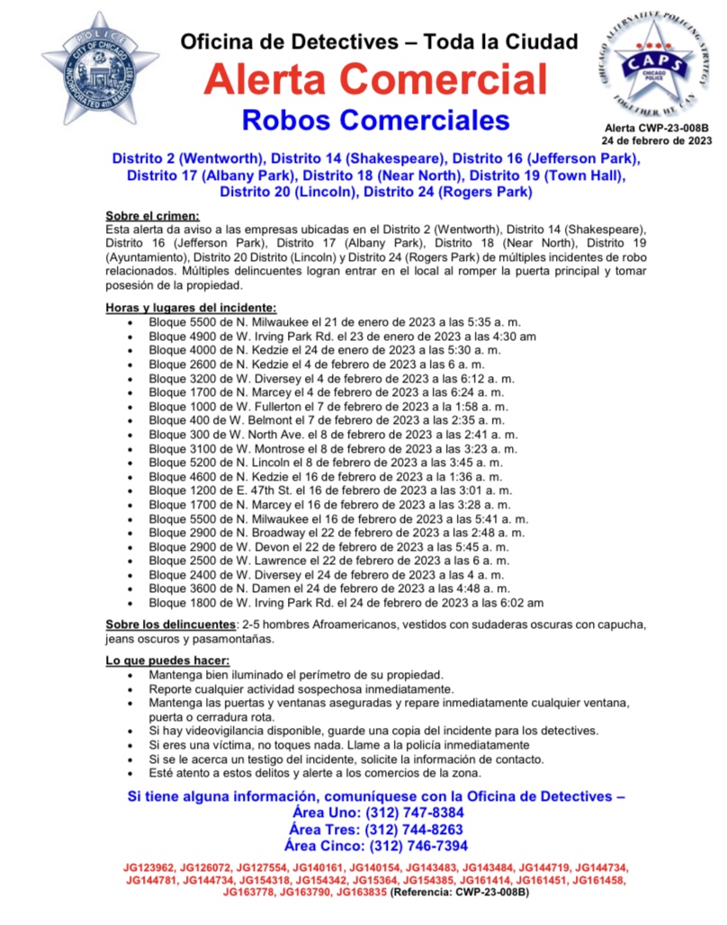 ChicagoCAPS14's tweet photo. 🚨BUSINESS ALERT🚨 
Burglaries of commercial businesses in multiple districts throughout the city including the 14th District. https://t.co/vW01ZikP9o