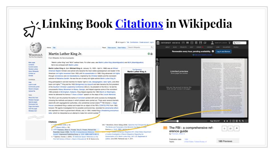 internetarchive's tweet image. Fair use provides important rights &amp;amp; safeguards to libraries. One example of #fairuse in action is how we&apos;re connecting references in @Wikipedia to the books in our collection for citation checking. 

Learn more in our latest post for #FairUseWeek ▶️
blog.archive.org/2023/02/24/cel…
