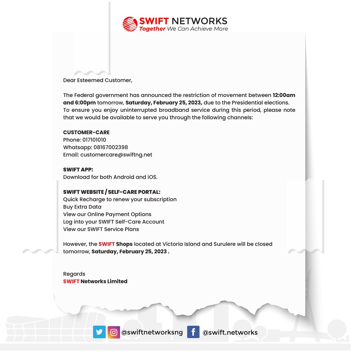 SWIFTNETWORKSNG's tweet image. Stay connected this election period! Contact us via email, phone, or WhatsApp or access our hassle-free self-service options here: linktr.ee/swiftnetworks! #SwiftNetworks #TogetherWeCanAchieveMore
