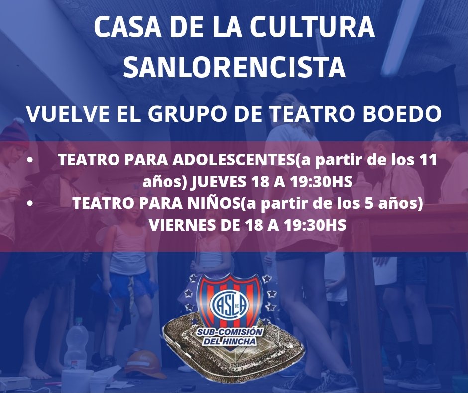 El Jueves 2 de Marzo vuelve el grupo de teatro Boedo con la coordinación de la directora de La Casa de La Cultura Sanlorencista Claudia

• Jueves 18 a 19:30hs adolescentes a partir de los 11 años.
• Viernes 18 a 19:30hs niños de 5 a 11 años.

Consulta en muestras Redes